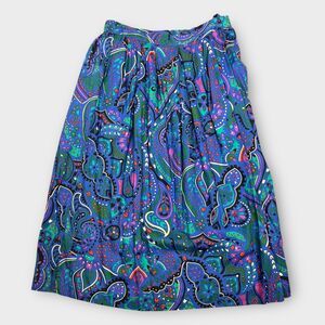 Vintage Paisley Pleated Midi Skirt High Waist Rayon Blue‎ Small
